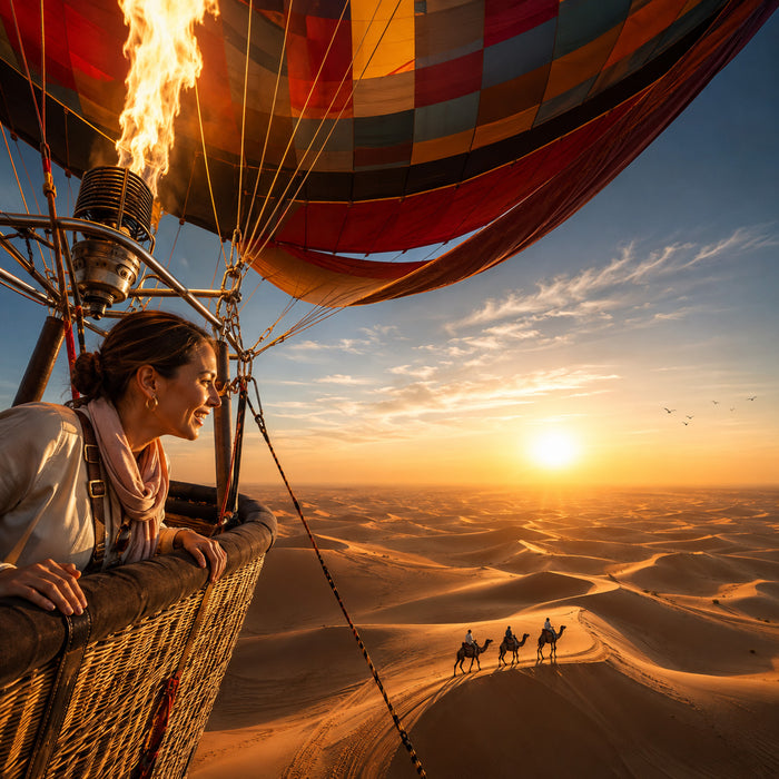 Dubai Hot Air Balloon - Magical Sunrise Desert Flight with Refreshment and Camel Ride