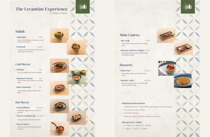 Cello Restaurant Dubai menu featuring Levantine and Middle Eastern cuisine