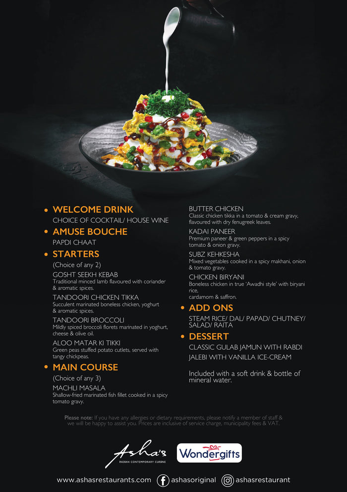 Memorable Indian Dining Experience for Two with House Drinks at Asha's | at Wondergifts