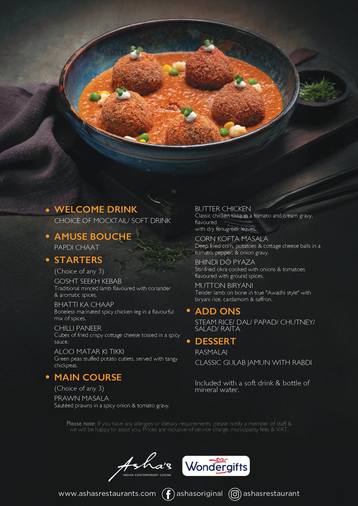 Authentic Indian Premium Dining Experience with Drinks for Two at Asha's | at Wondergifts