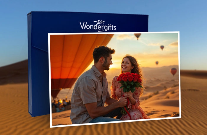 Romantic Hot Air Balloon Ride for Two Over Dubai’s Desert with Red Roses | at Wondergifts