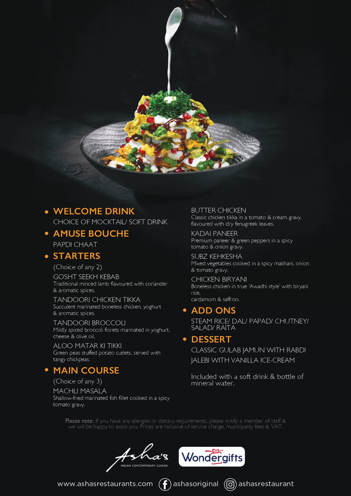 Romantic Dining Experience with Drinks for Two at Asha's Restaurant |  at Wondergifts