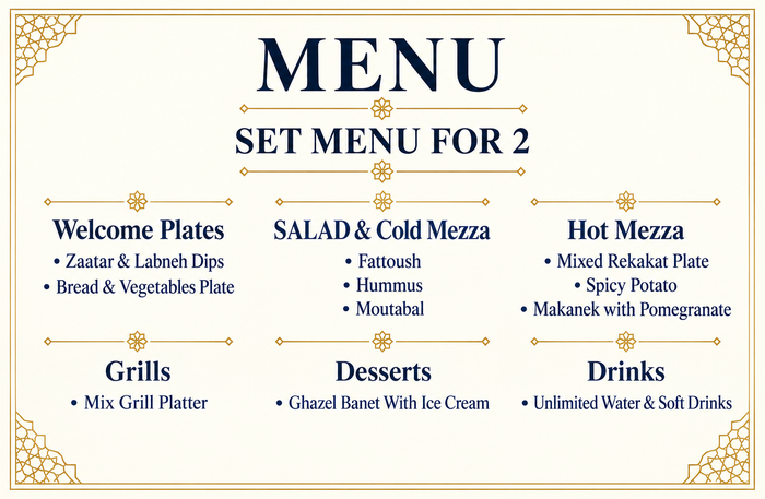 Manaret Beirut Dubai - Lebanese Set Menu for Two with Unlimited Soft Drinks