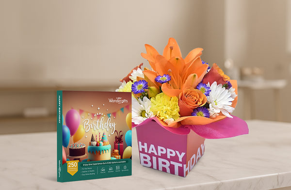 Happy Birthday Gift Box with Flowers: Choose from 200+ Unforgettable Experiences |  at Wondergifts